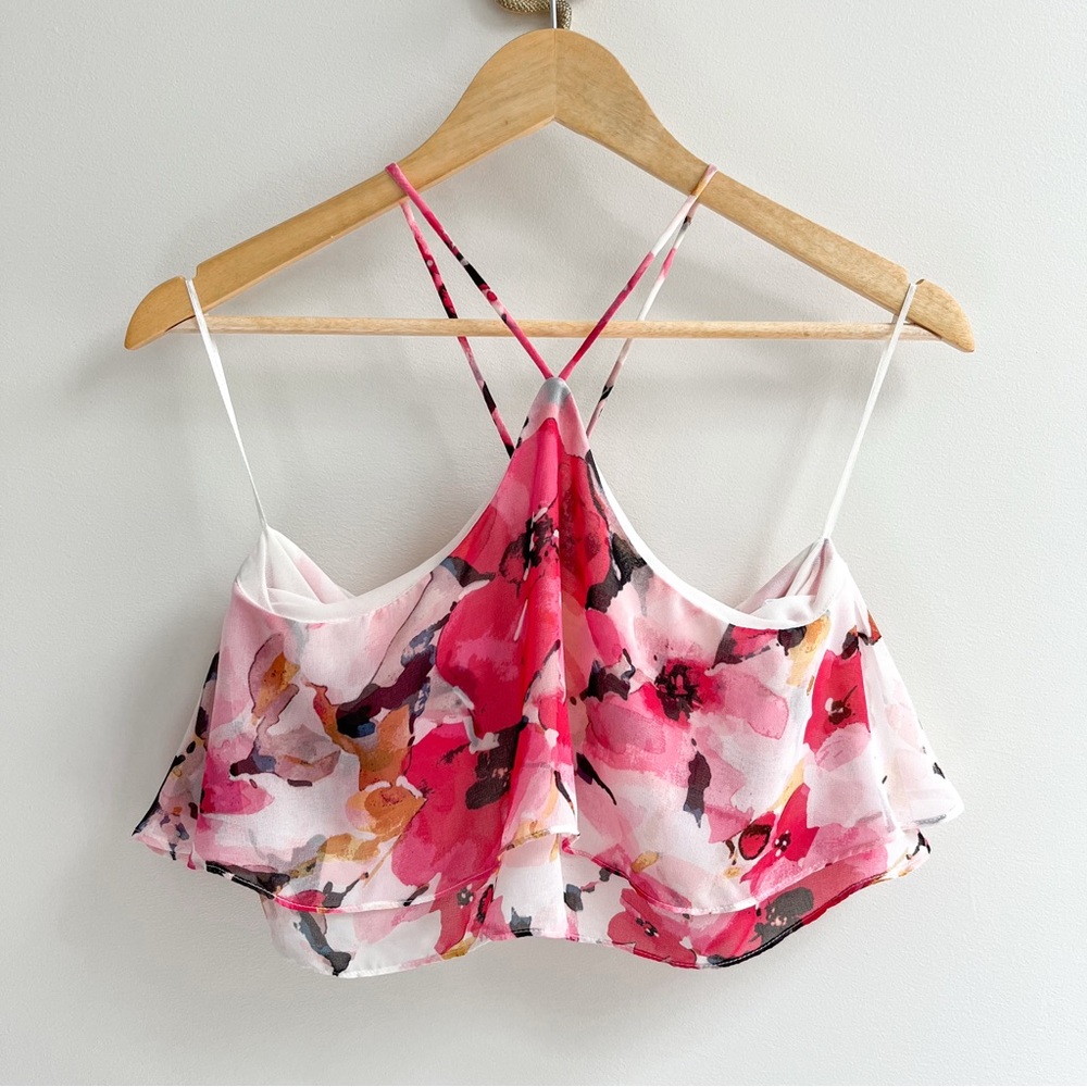 [caren forbes] tiered ruffle floral chiffon halter crop bra top pink S